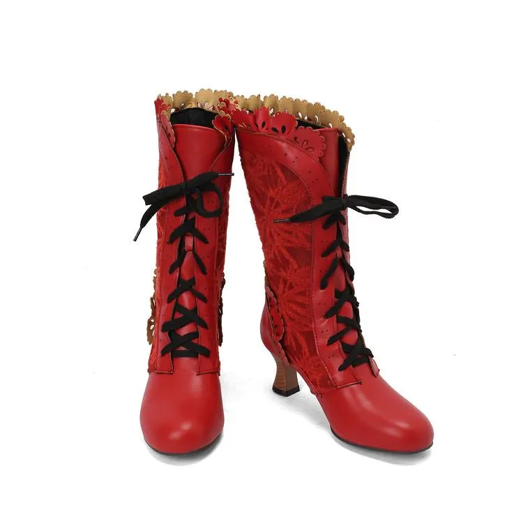 Women's Lace Lace-Up Round Toe Hoof Heel Mid Calf Boots