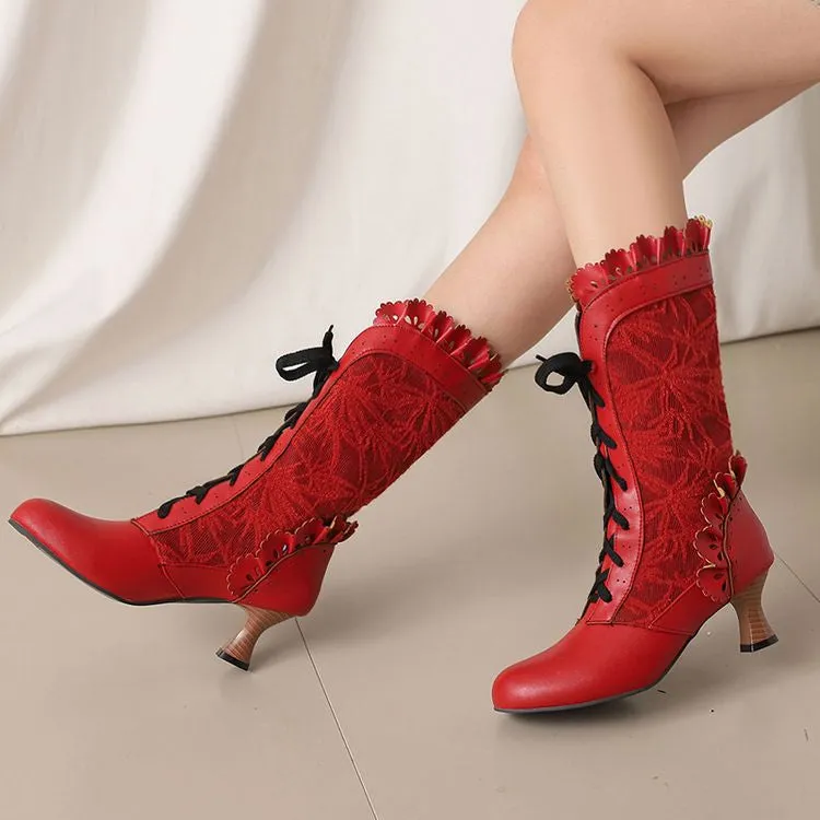 Women's Lace Lace-Up Round Toe Hoof Heel Mid Calf Boots