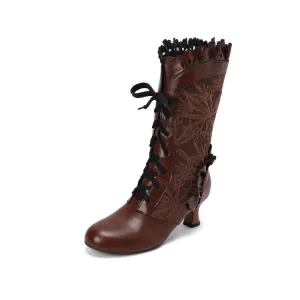 Women's Lace Lace-Up Round Toe Hoof Heel Mid Calf Boots