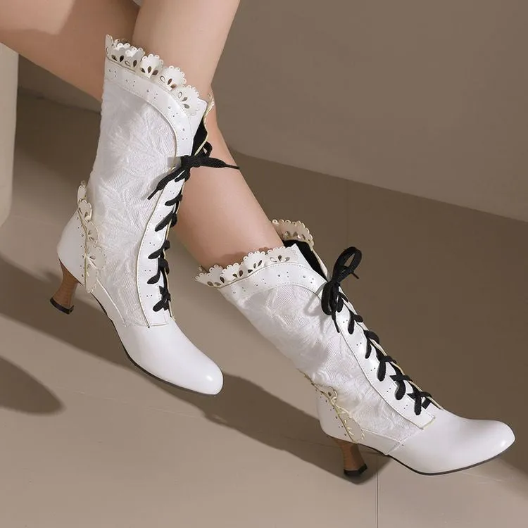 Women's Lace Lace-Up Round Toe Hoof Heel Mid Calf Boots