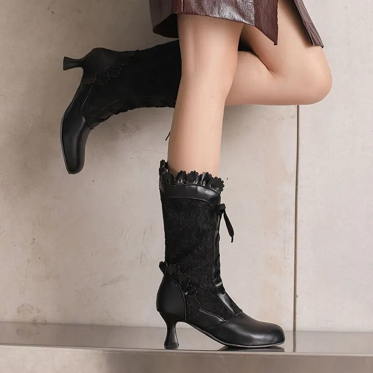 Women's Lace Lace-Up Round Toe Hoof Heel Mid Calf Boots