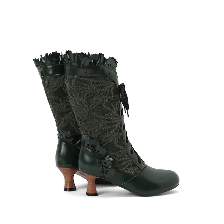 Women's Lace Lace-Up Round Toe Hoof Heel Mid Calf Boots