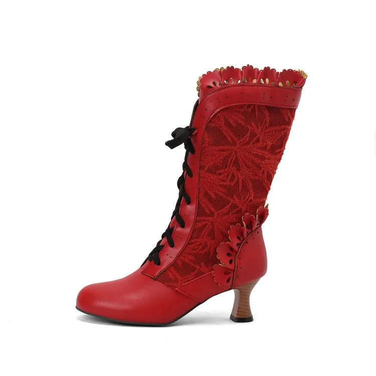 Women's Lace Lace-Up Round Toe Hoof Heel Mid Calf Boots