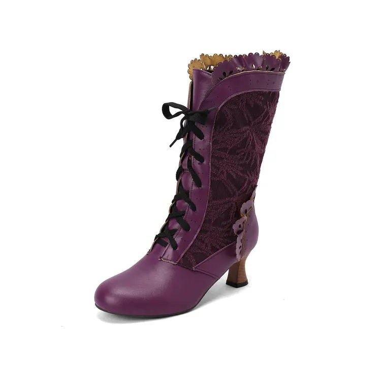 Women's Lace Lace-Up Round Toe Hoof Heel Mid Calf Boots