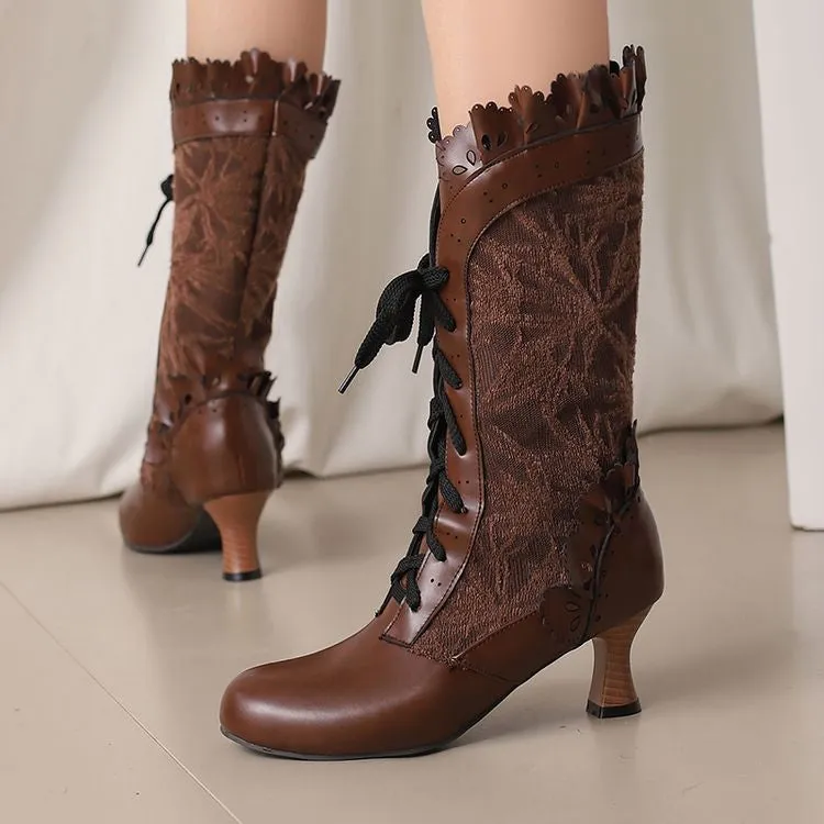 Women's Lace Lace-Up Round Toe Hoof Heel Mid Calf Boots