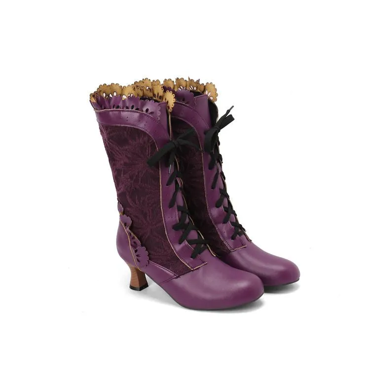 Women's Lace Lace-Up Round Toe Hoof Heel Mid Calf Boots