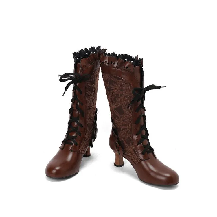 Women's Lace Lace-Up Round Toe Hoof Heel Mid Calf Boots