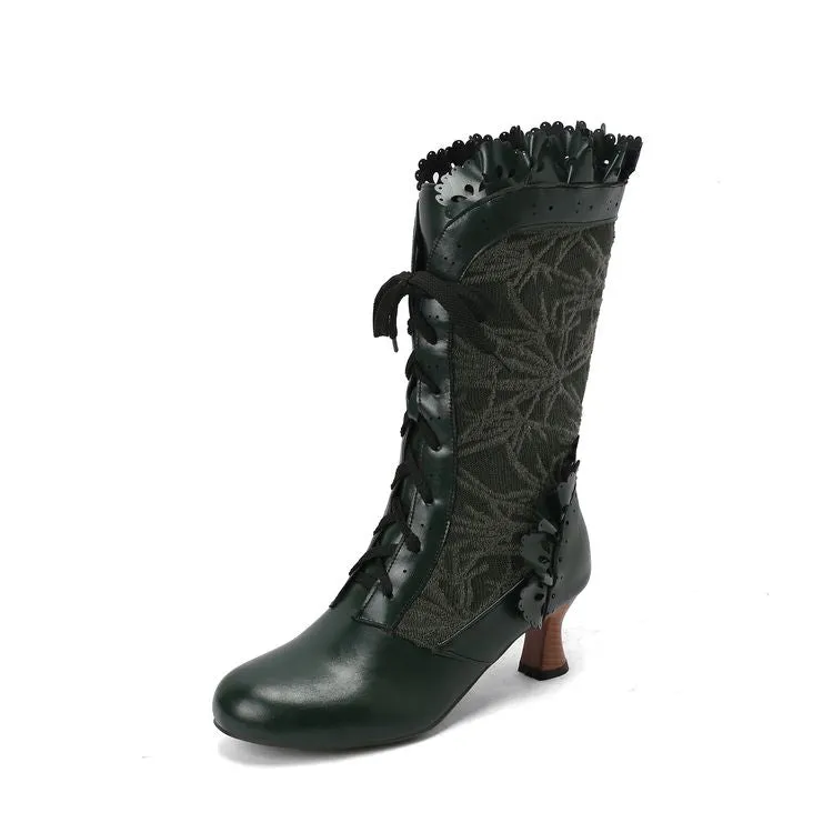 Women's Lace Lace-Up Round Toe Hoof Heel Mid Calf Boots