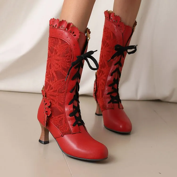 Women's Lace Lace-Up Round Toe Hoof Heel Mid Calf Boots
