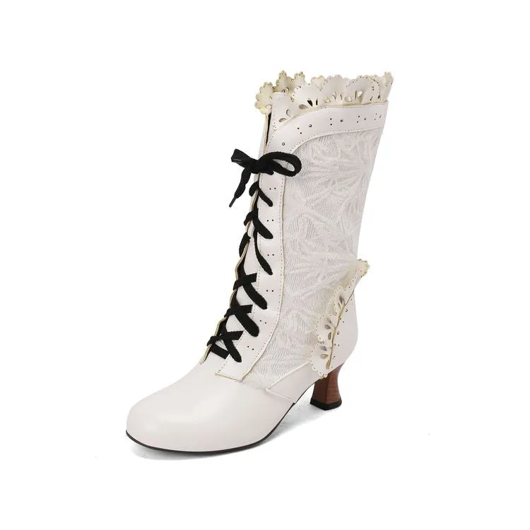 Women's Lace Lace-Up Round Toe Hoof Heel Mid Calf Boots