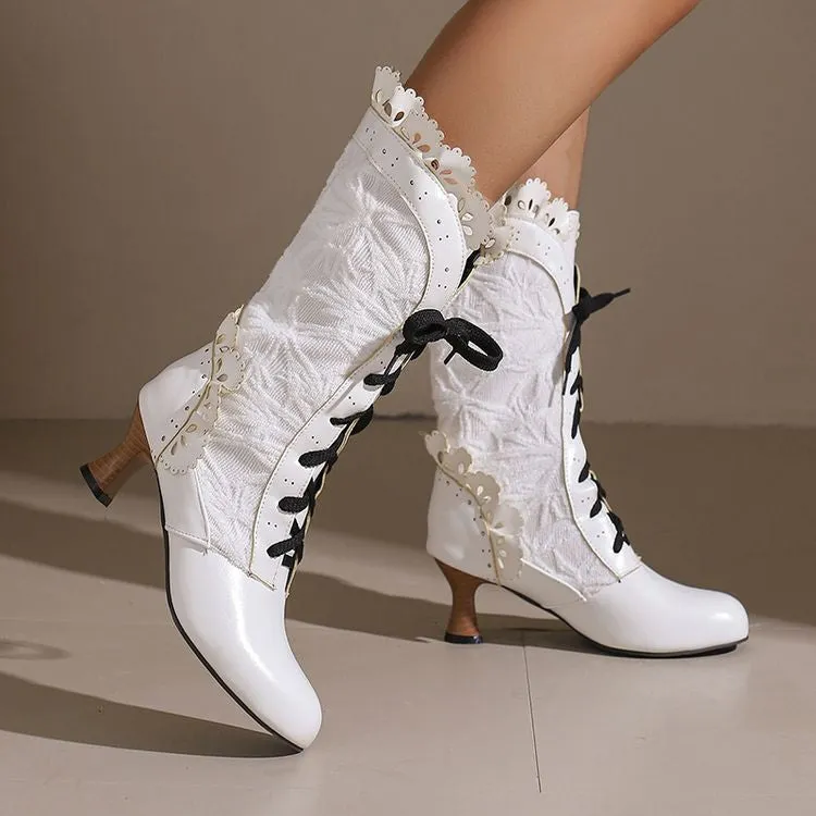 Women's Lace Lace-Up Round Toe Hoof Heel Mid Calf Boots