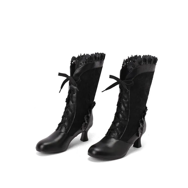 Women's Lace Lace-Up Round Toe Hoof Heel Mid Calf Boots