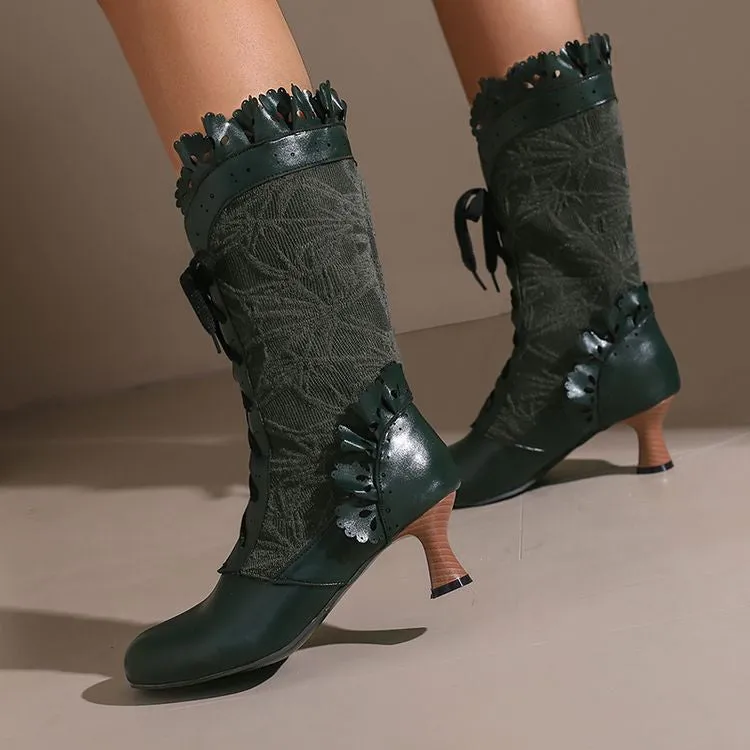 Women's Lace Lace-Up Round Toe Hoof Heel Mid Calf Boots