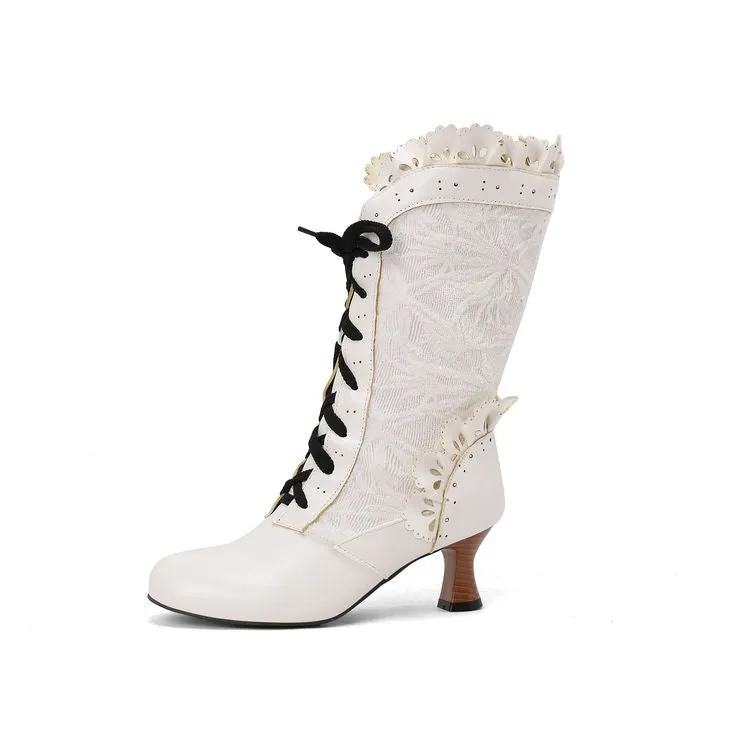Women's Lace Lace-Up Round Toe Hoof Heel Mid Calf Boots