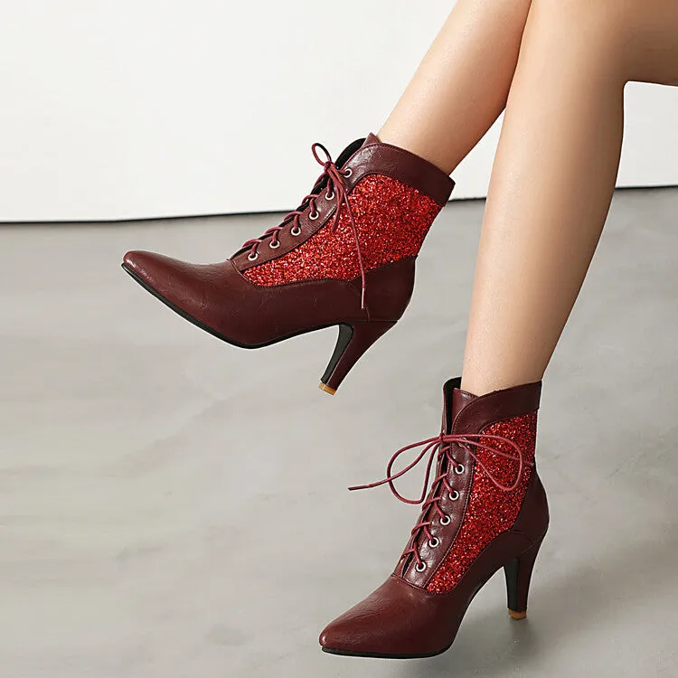 Women's Patchwork Sequins Pointed Toe Spike Heel Ankle Boots