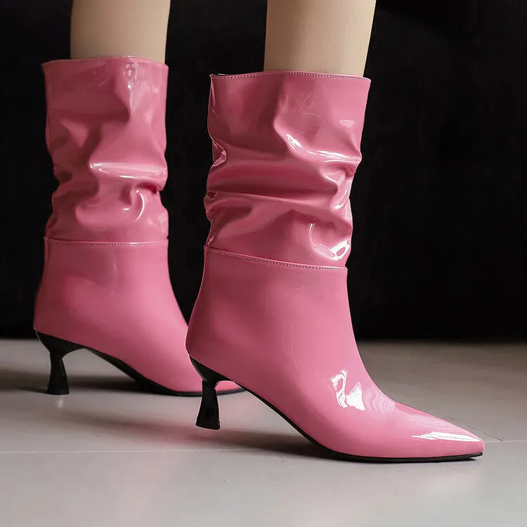 Women's Patent Leather Pointed Toe Pleated Mid-Calf Boots