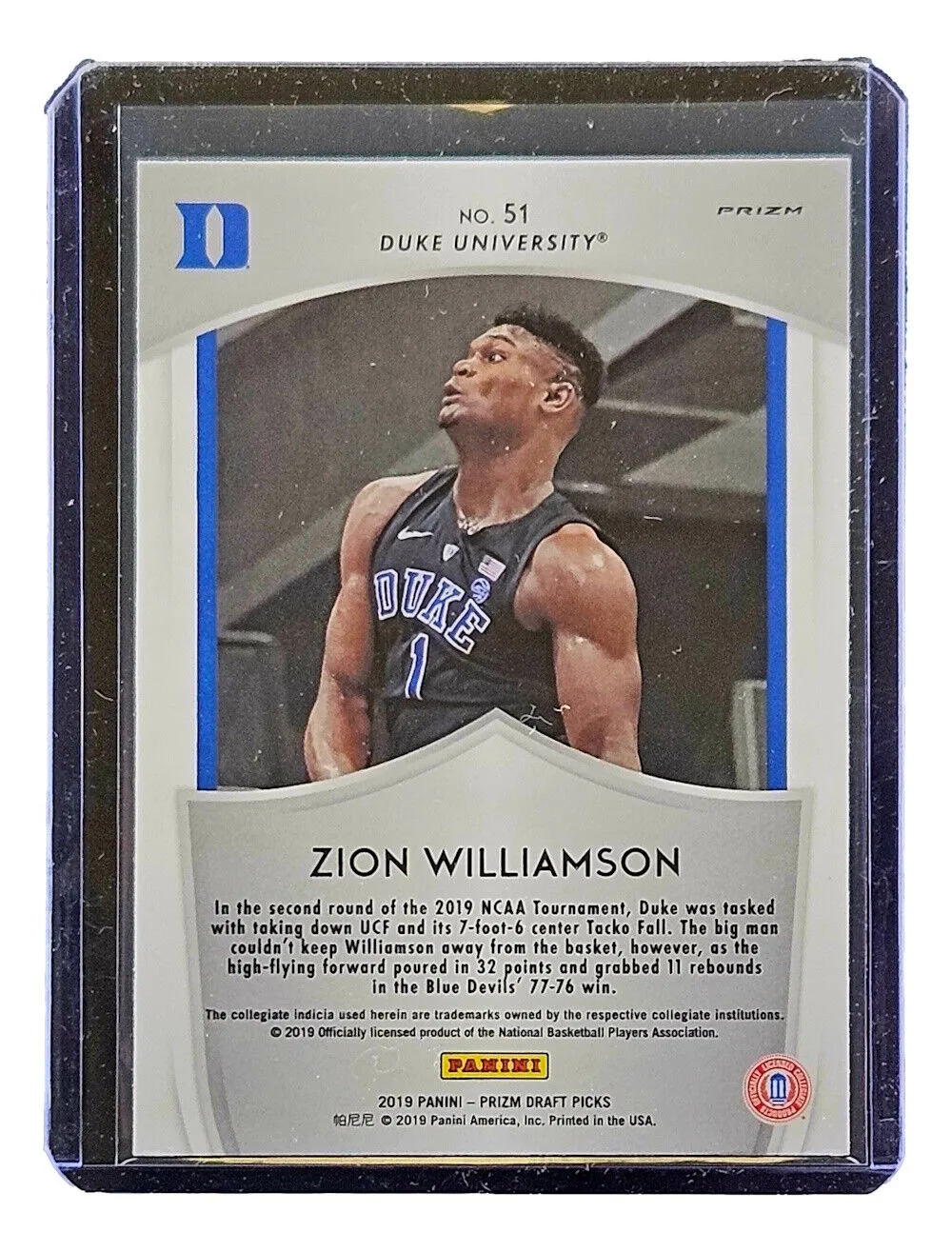Zion Williamson 2019 Panini Prizm Draft Picks Crusade #51 Holo Rookie Card